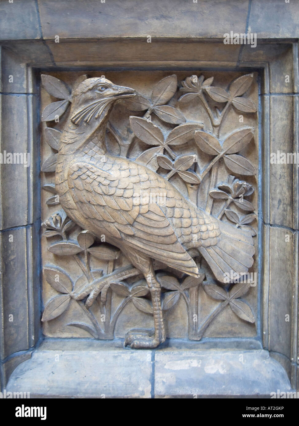 Intricate carving of a Great Bustard bird (Otis tarda) in the interior of the Waterhouse Building at the Natural History Museum, London Stock Photo
