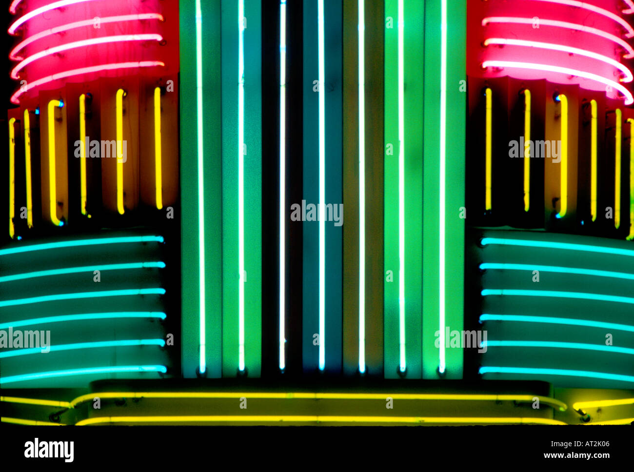 Neon tubes of several colors form a pattern on a movie theatre marquee in Santa Barbara California USA Stock Photo