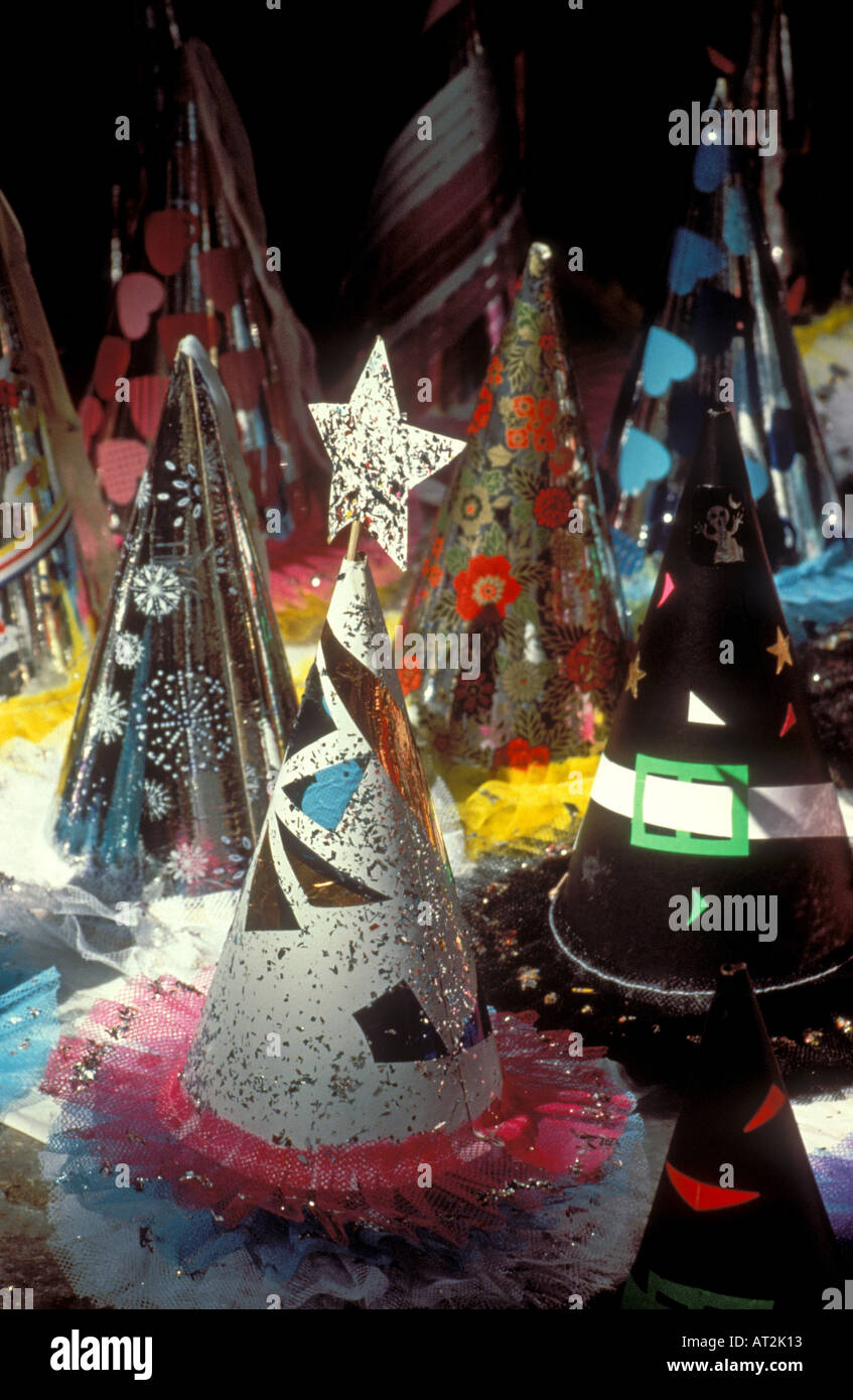 Party hats are displayed for sale during the annual Radish Festival in Oaxaca Mexico Stock Photo