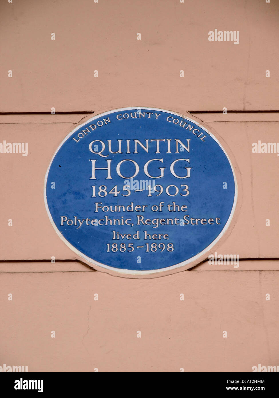 Blue plaque at 5 Cavendish Square London to Quintin Hogg (1845-1903), the founder of The Polytechnic was a Victorian philanthropist and educationist. Stock Photo