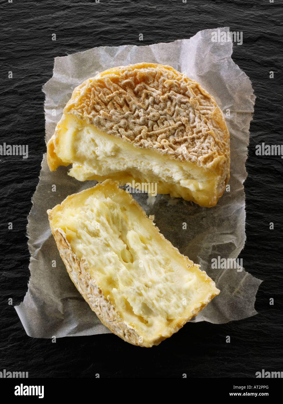 French farmers goat cheese cut on a black background. Normandy Stock