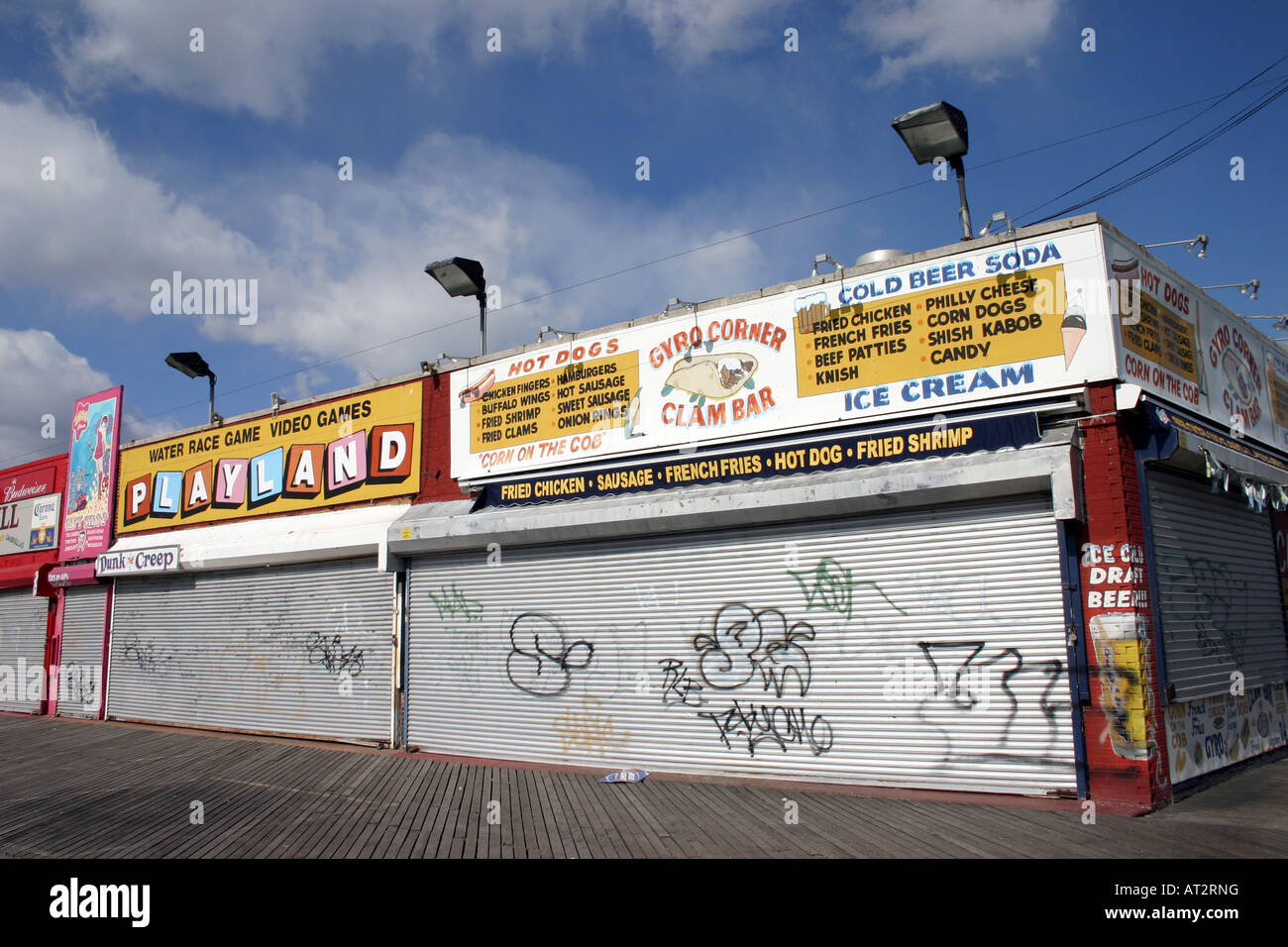 Amusements on the boardwalk at Coney Island, New York are closed for the winter season Stock Photo