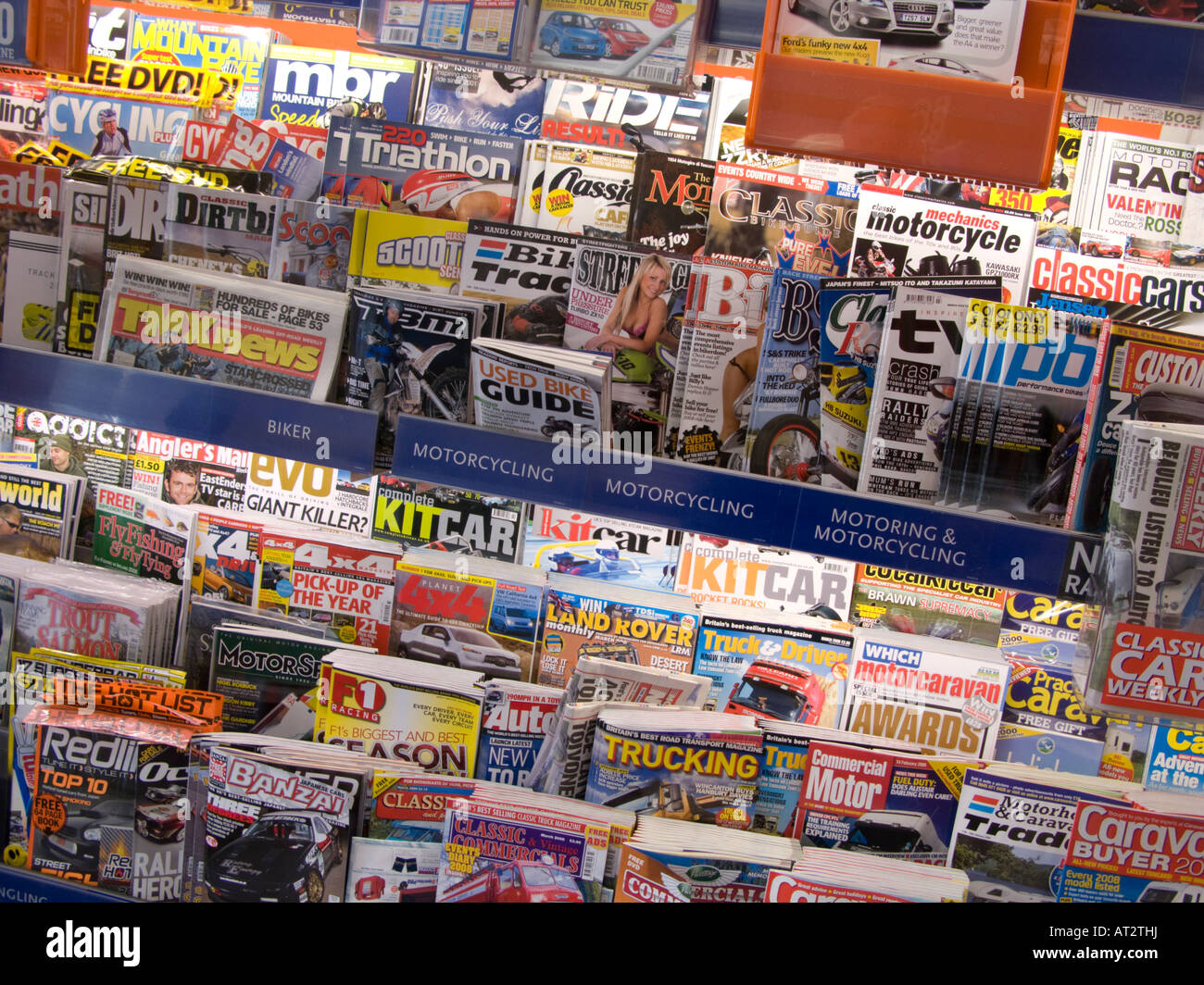 Various hobby and specialist interest magazines on rack for sale in WH Smith newsagents shop