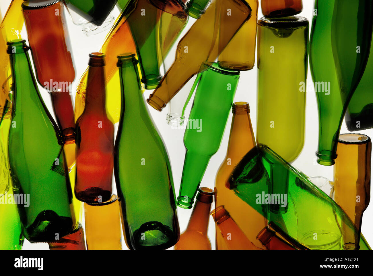 BOTTLES. RECYCLING EMPTY WINE, BEER AND CHAMPAGNE BOTTLES ASSORTED COLOURS SHAPES AND SIZES ON