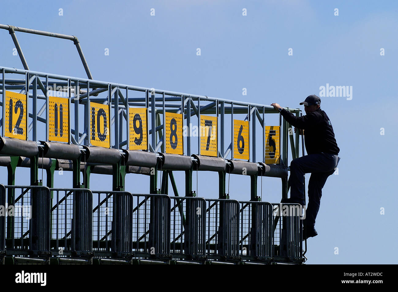 The starting stalls and a stall handler at Brighton races. Picture by