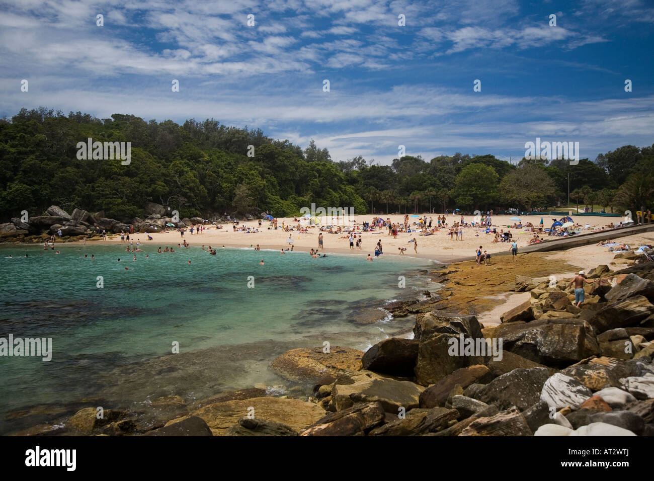 Shelly Beach, Cabbage Tree Bay Aquatic Reserve with people on the beach
