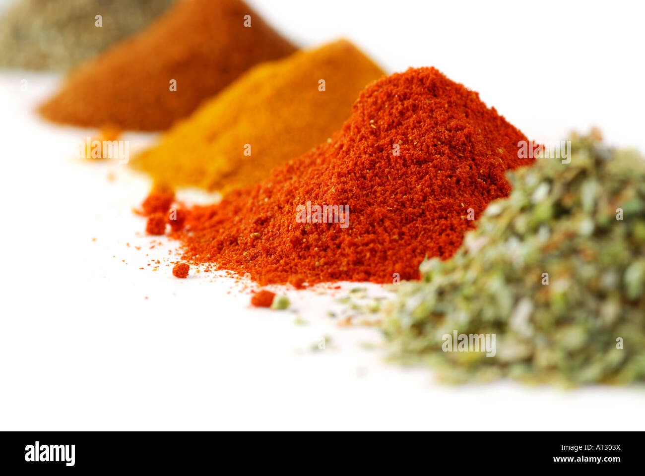 Heaps of various ground spices on white background Stock Photo