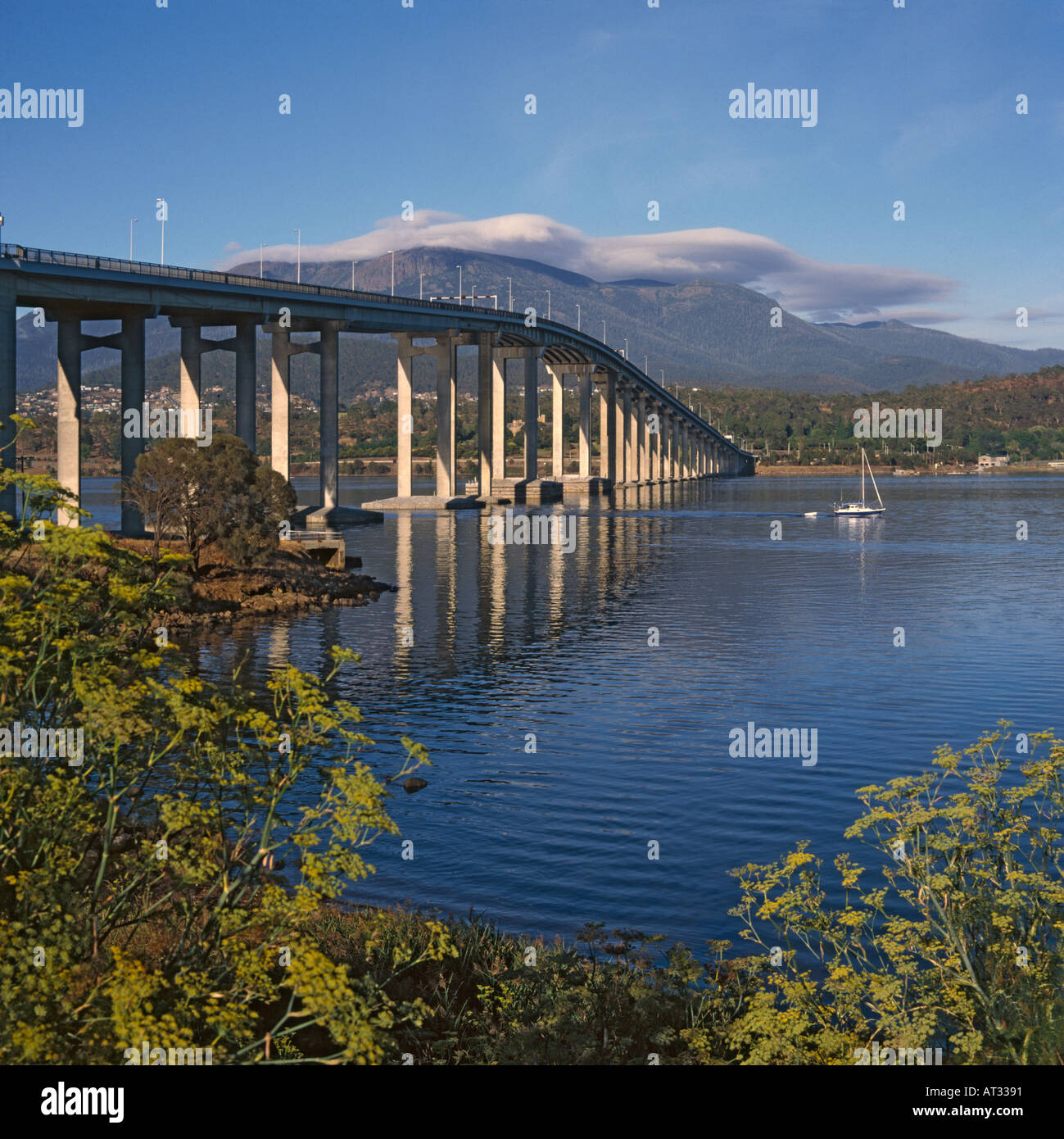 The Tasman Bridge over the River Derwent and Mount Wellington in background Hobart Tasmania Australia Stock Photo