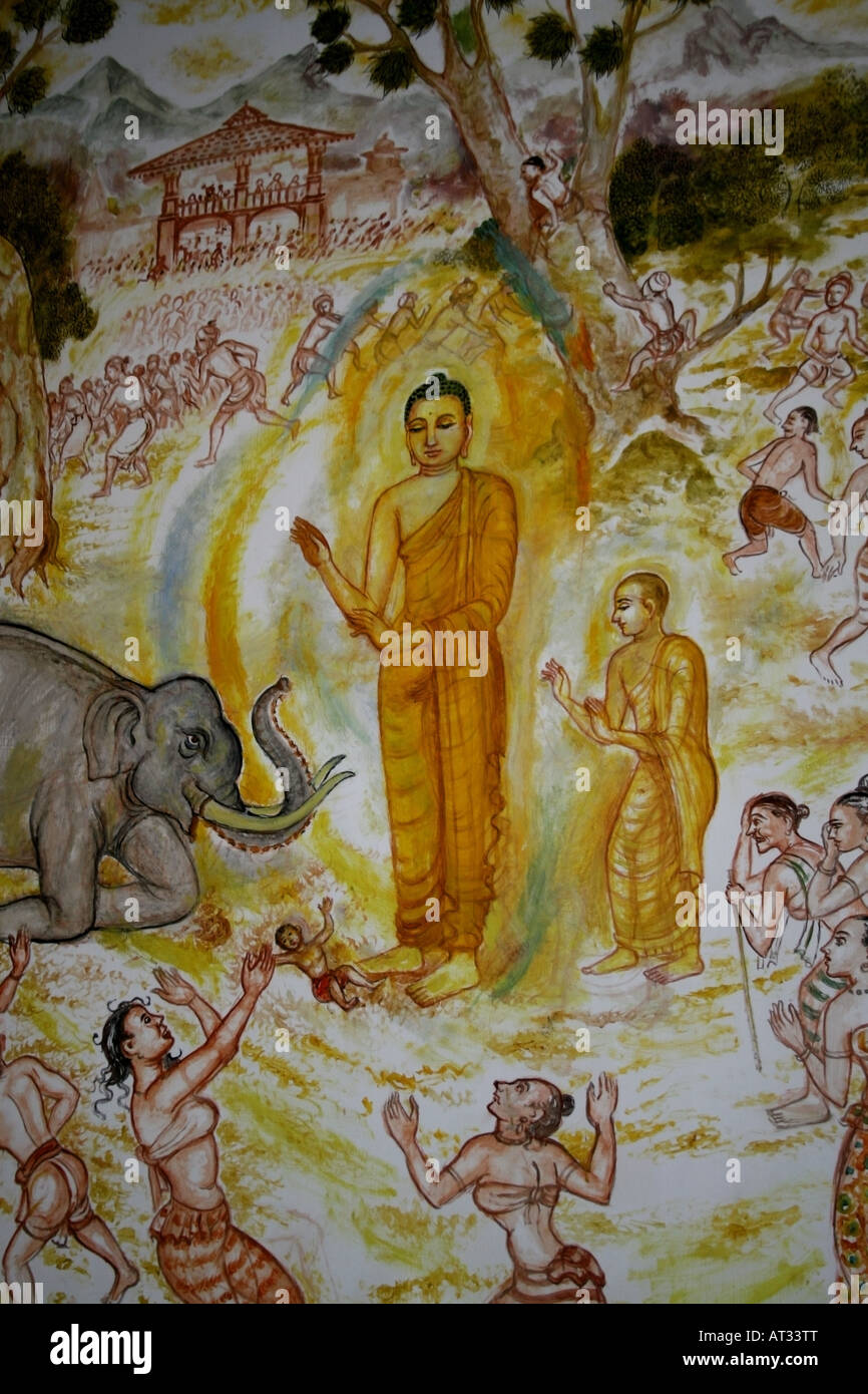 Life of Buddha , calming the elephant that charged him , at a temple , Bodhgaya , Bihar , India Stock Photo