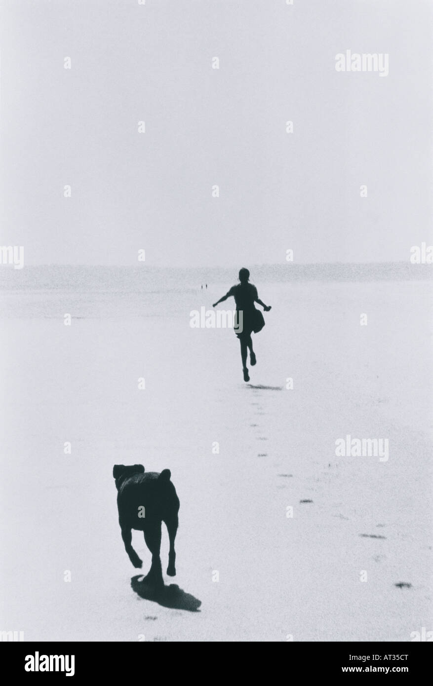 A woman and dog running on the beach Stock Photo