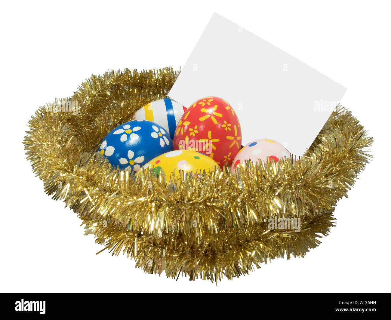 Real hand painted Easter eggs in a golden nest with blank card Stock ...