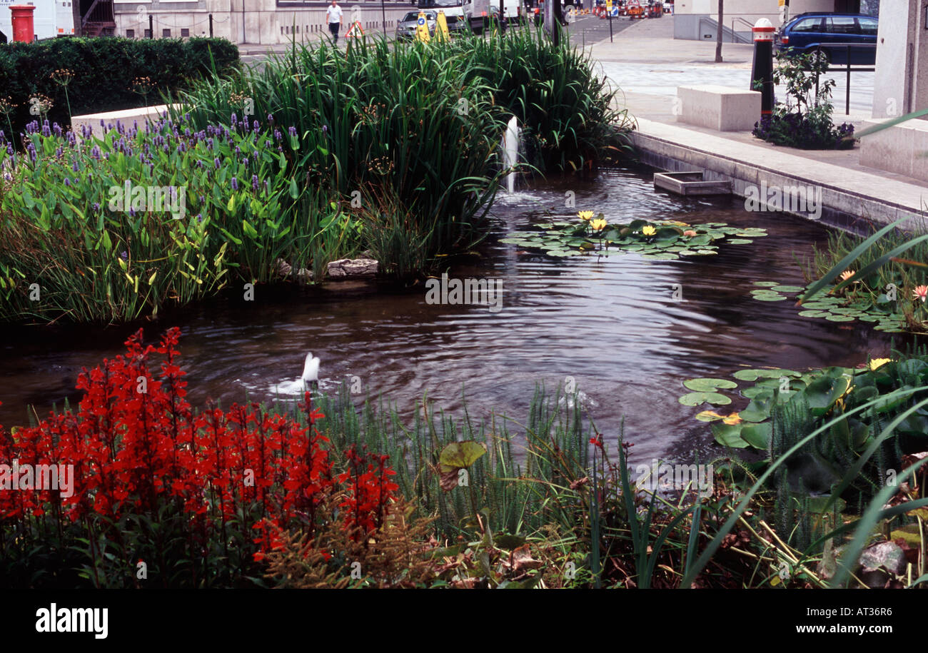 Pond, fountains and flowers in a small green public space tucked into urban environment beside The Guildhall, City of London Stock Photo