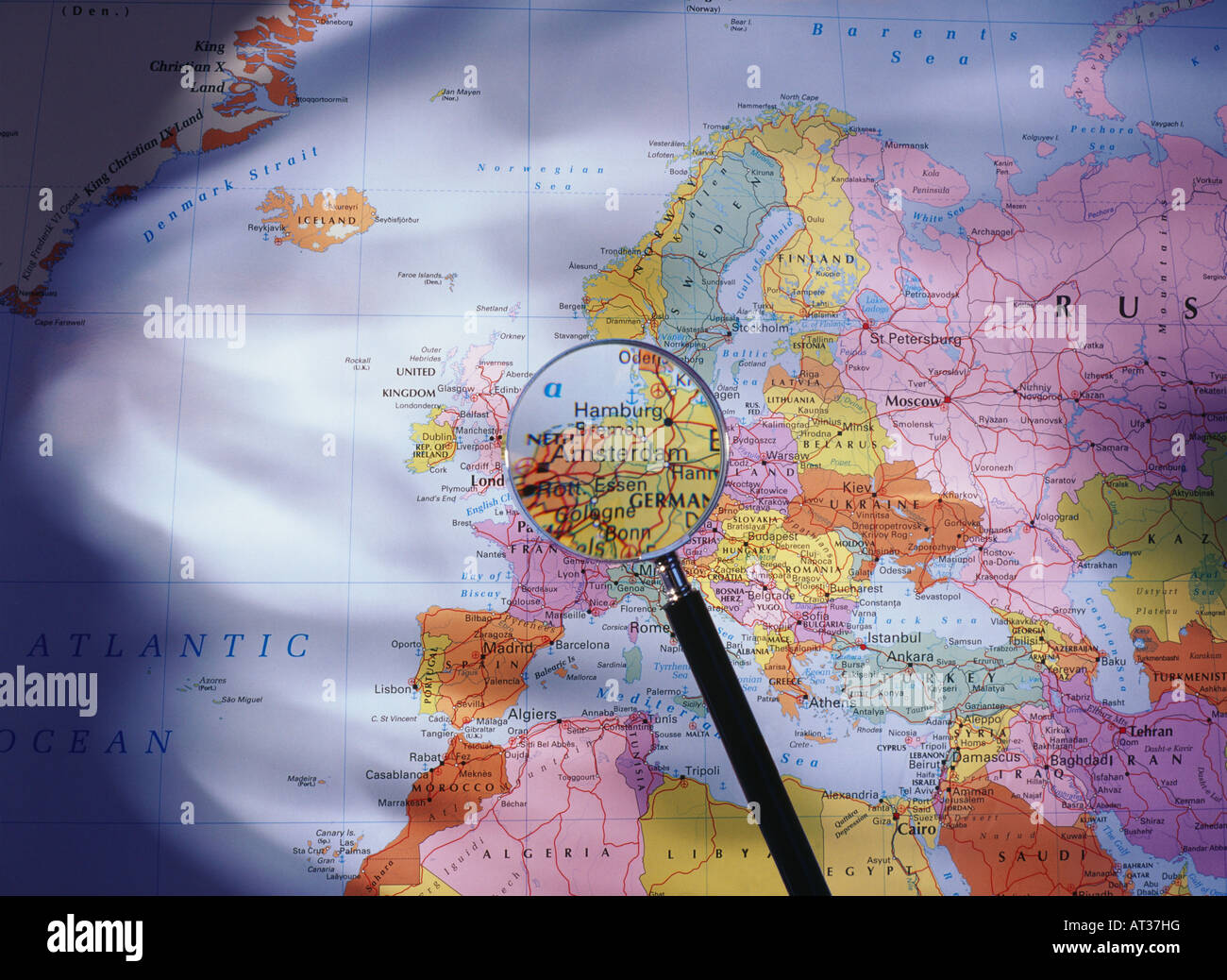 A map of Europe seen through a magnifying glass Stock Photo