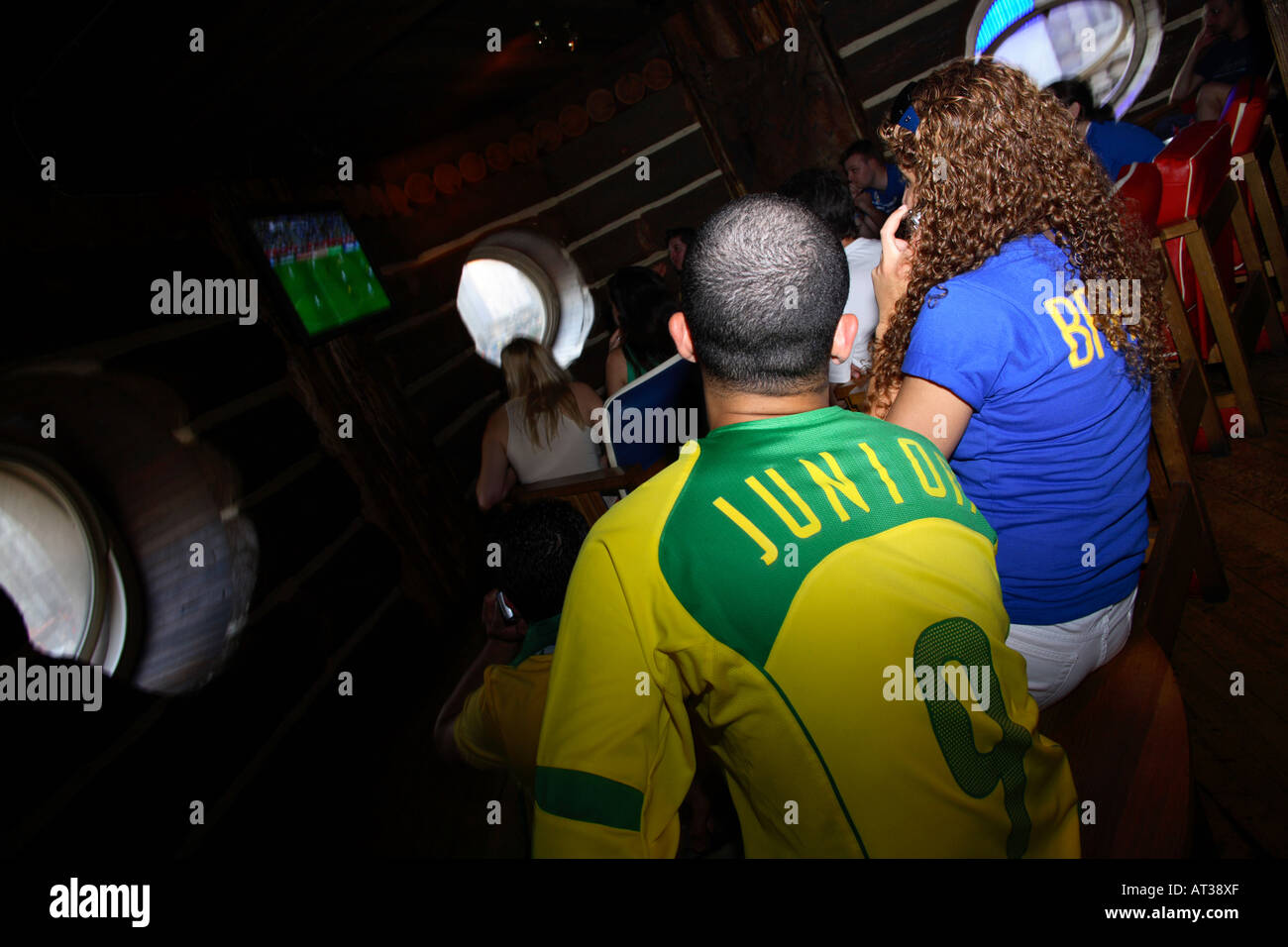 Brasilian fans cheering on their team in 2006 World Cup quarter-final vs France, On Anon Bar, London Stock Photo