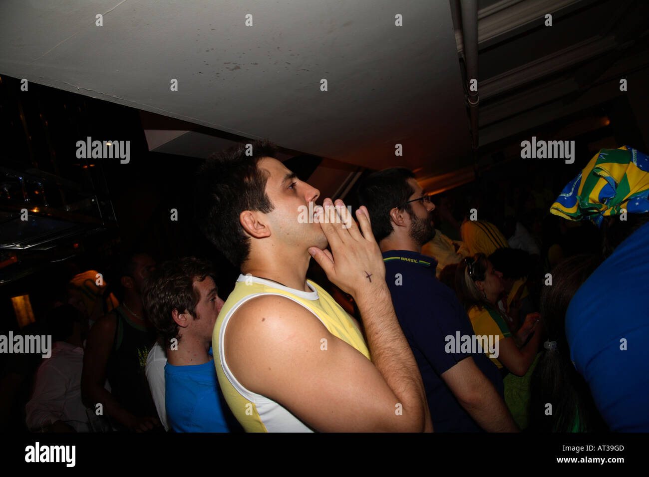Brazilian fan despairs as France grab late winner during their 2006 World Cup quarter-final, On Anon Bar, London Stock Photo