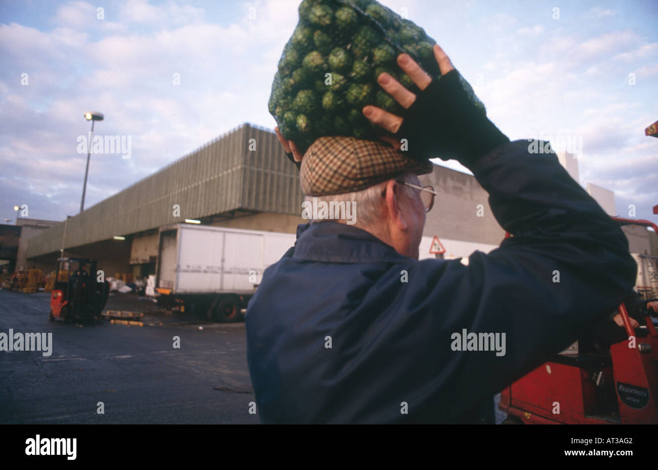 Man carrys Brussels sprouts at New Covent Garden Market is the largest wholesale market in UK Stock Photo