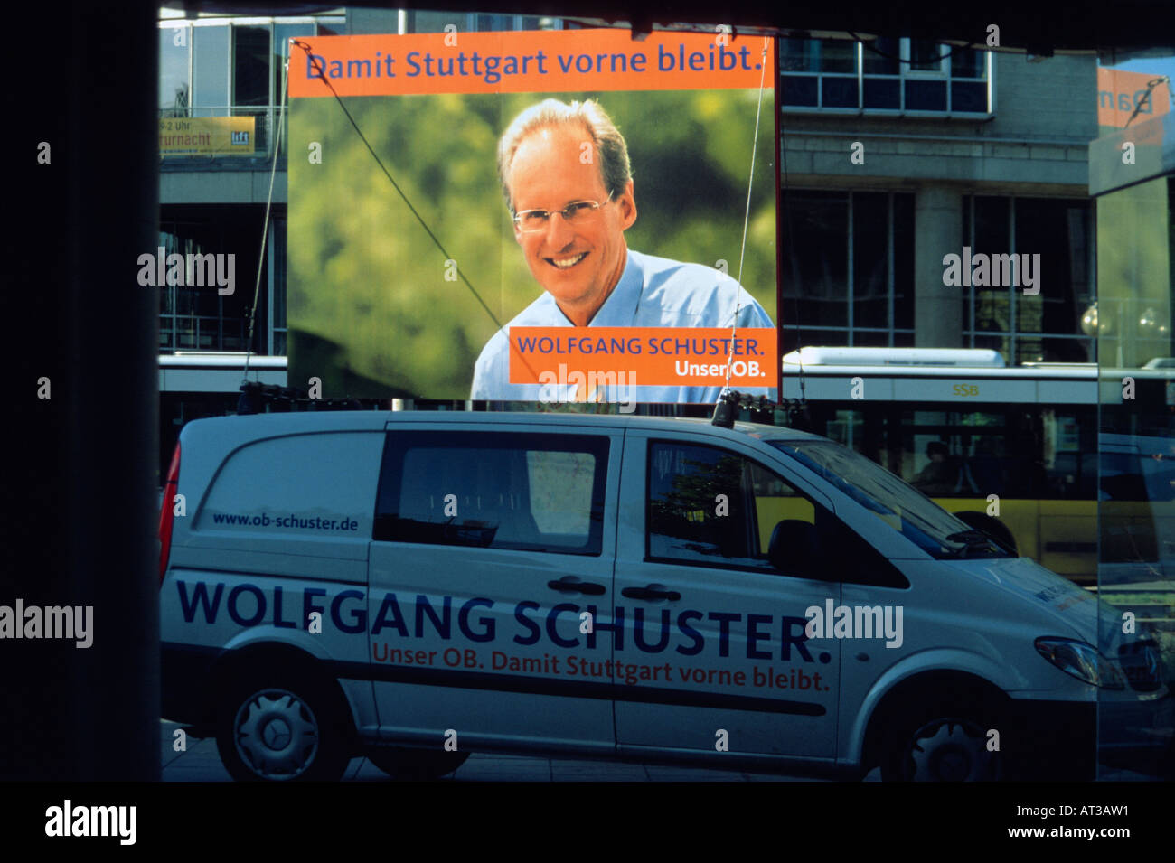 A billboard on a van showing the mayor Wolfgang Schuster during the election campaign 2004 in Stuttgart Germany Stock Photo