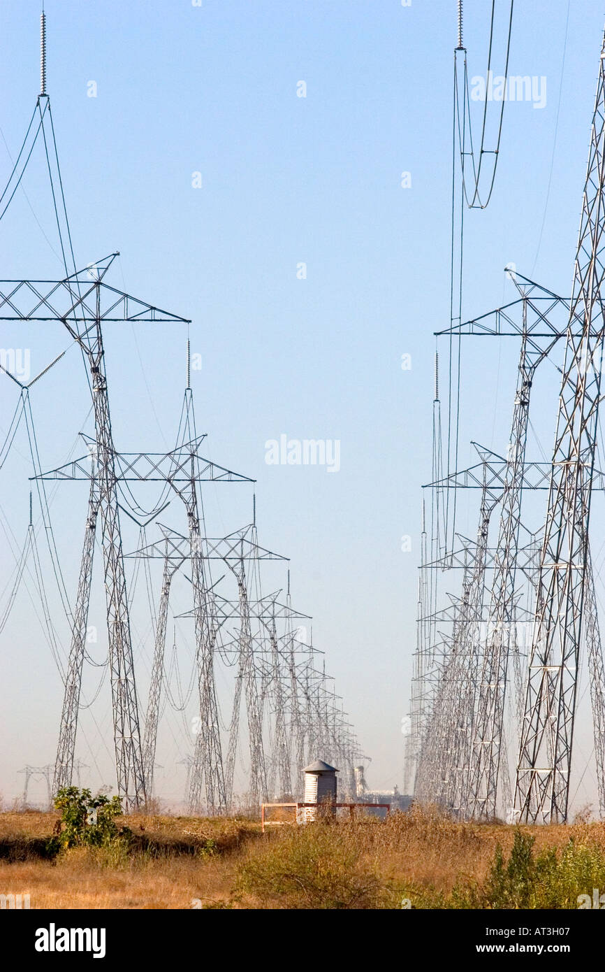 Electric power transmission lines near Richvale, California Stock Photo
