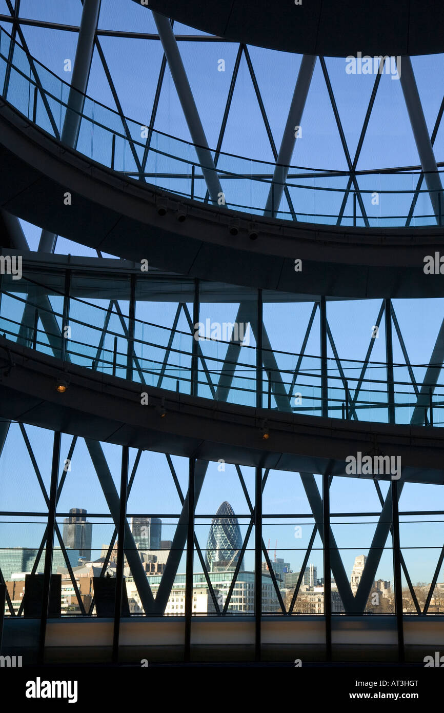 Cityscape from Spiral Stairs in Norman Foster landmark building City Hall London Westminster Stock Photo