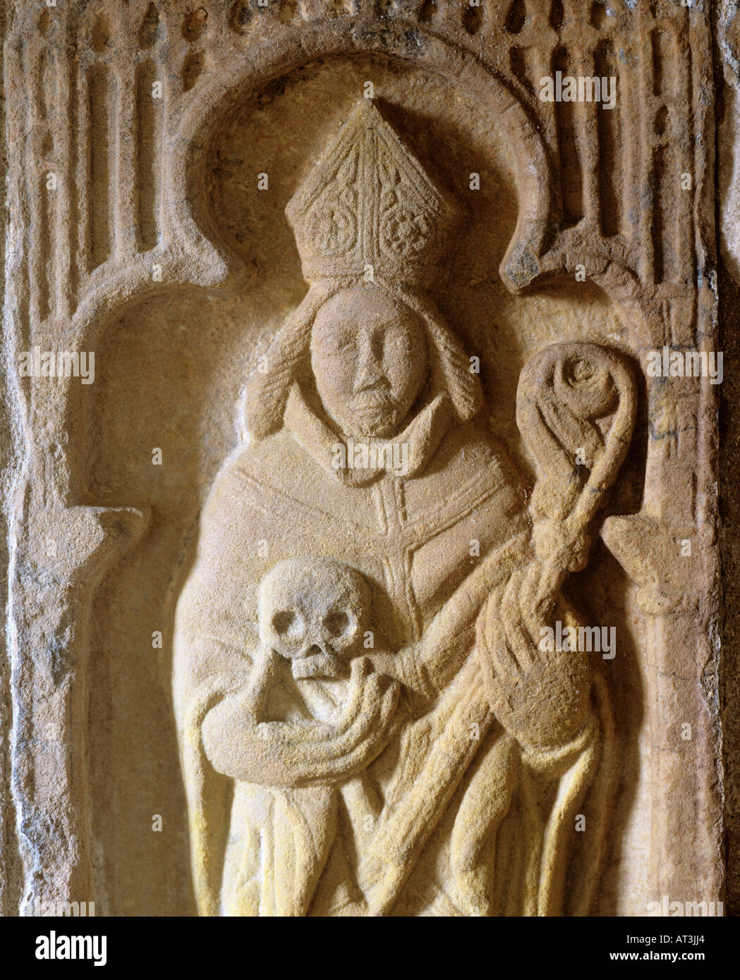 Carving of bishop with skull in St Clement's Church Rodel Harris Outer Hebrides Scotland UK Stock Photo