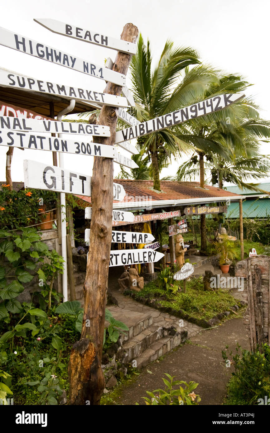 Costa Rica Nuevo Arenal German Bakery signpost indicating local tourist