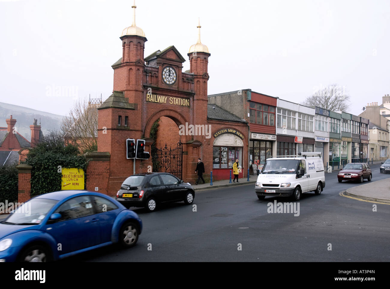 Entrance to Douglas railway station and shops Stock Photo