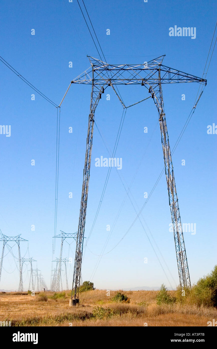 Electric power transmission lines near Richvale, California Stock Photo