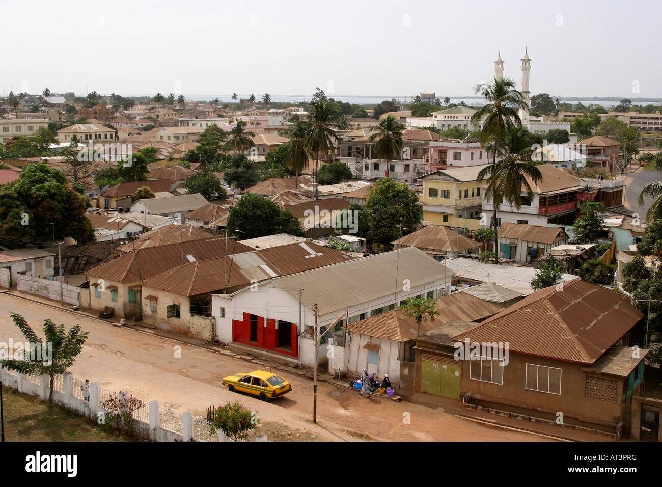 The Gambia Banjul elevated view of town and river towards King Fahad mosque Stock Photo