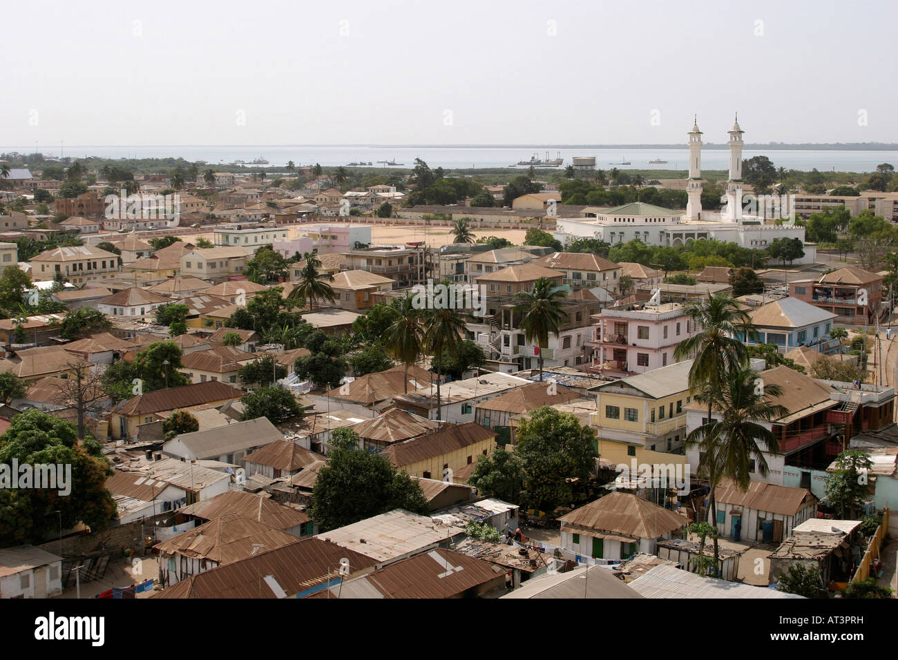 The Gambia Banjul elevated view of town and river towards King Fahad mosque Stock Photo