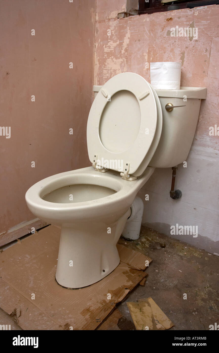 old toilet and toilet roll in stripped down bathroom ready for home improvements Stock Photo