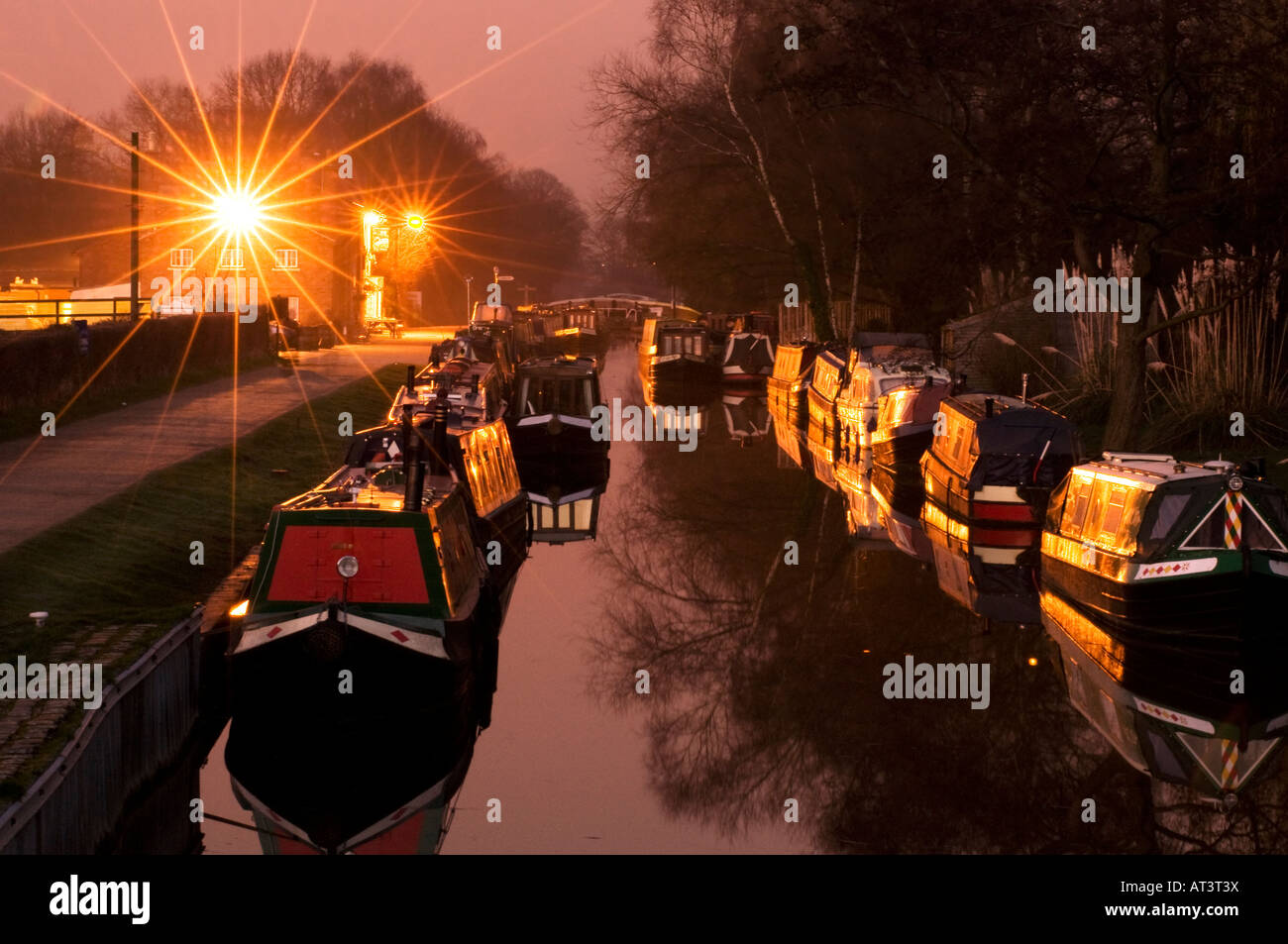 Moored longboats at Fradley Junction on the 'Trent and Mersey' canal in Staffordshire 'Great Britain' Stock Photo