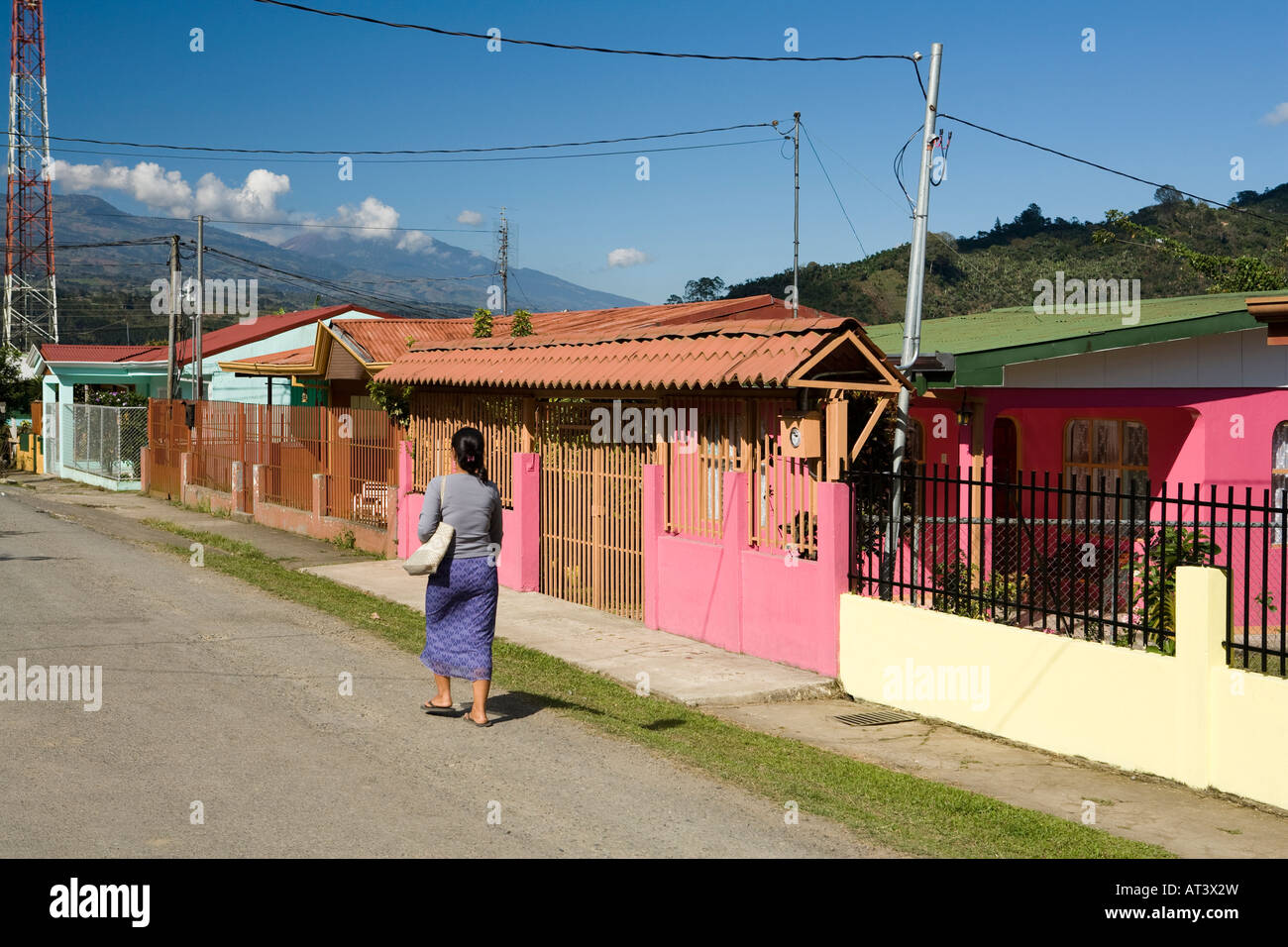 Costa Rica Orosi Village vibrantly painted pink house with security railings outside Stock Photo