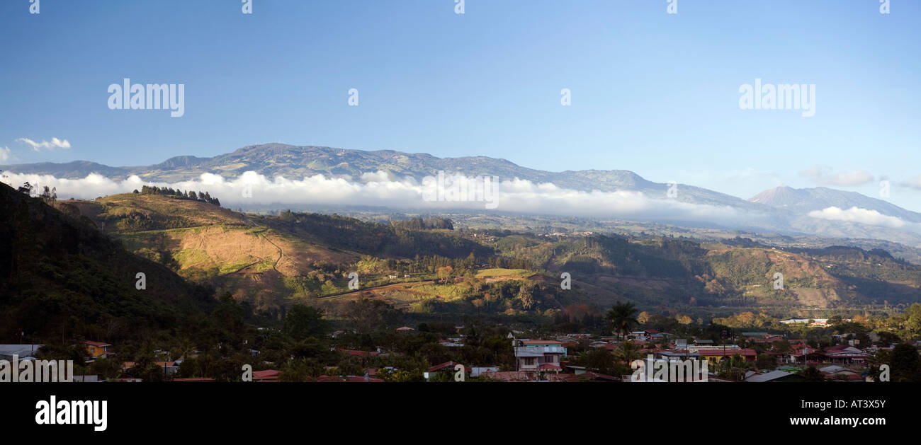 Costa Rica Orosi Village and valley panoramic view of volcanoes Irazu and Turrialba Stock Photo