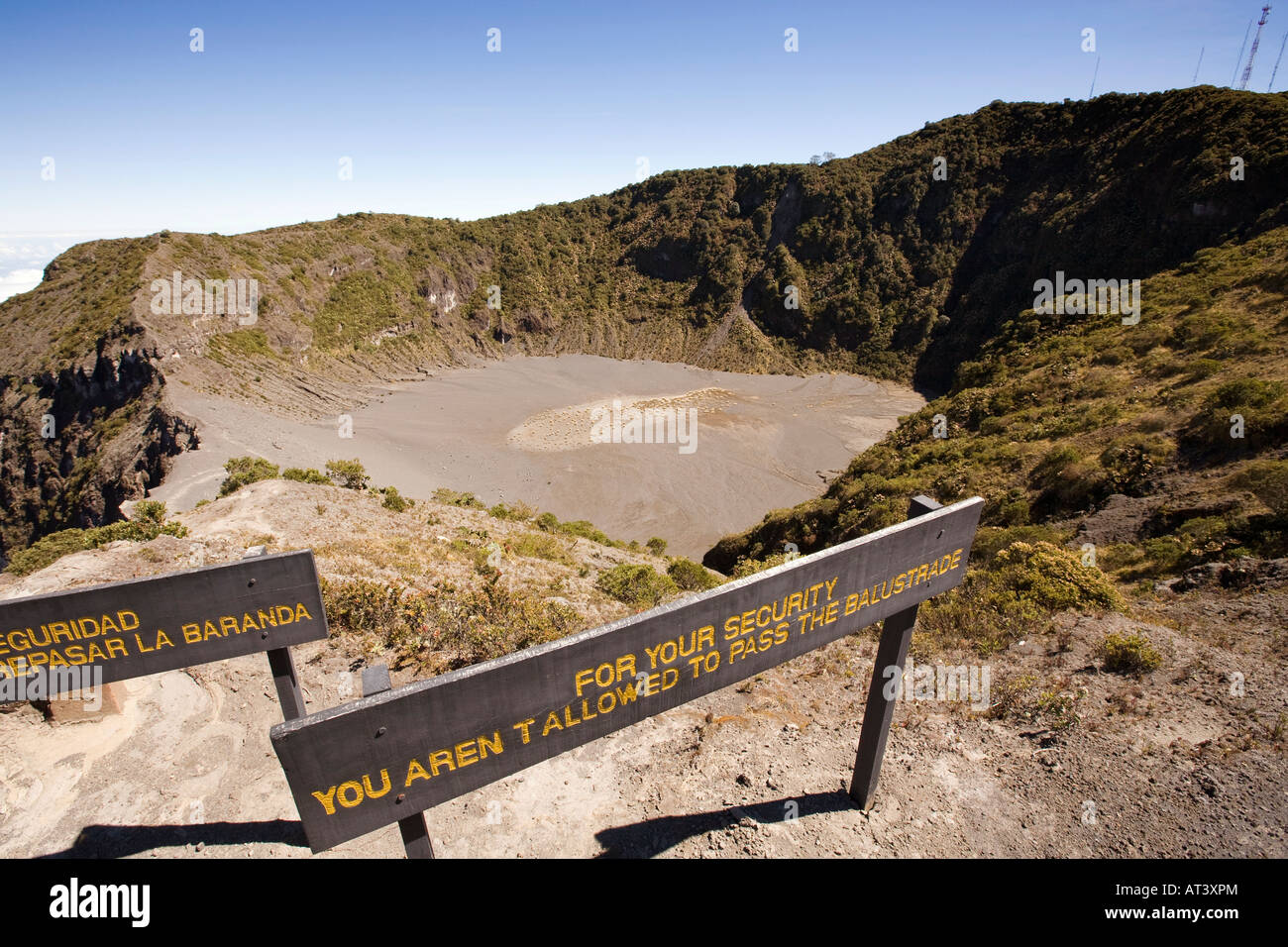 Costa Rica Cartago Volcan Irazu Volcano safety warning sign at edge of secondary crater Stock Photo