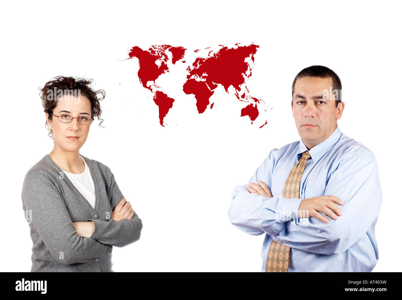 Business man and woman standing next to a world map Stock Photo - Alamy