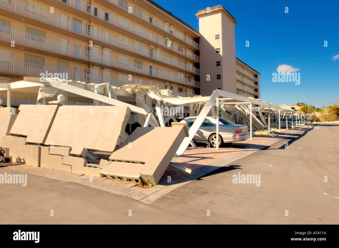 Florida Hurricane Storm and Winds damage Beach residential apartment during Hurricane in Miami and Palm Beach County Stock Photo