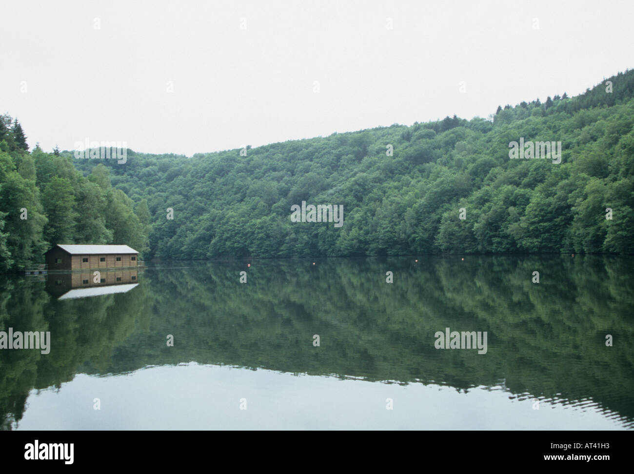 Boathouse on the Nisramont dam on the Ourthe river in the Belgian Ardennes Belgium Stock Photo