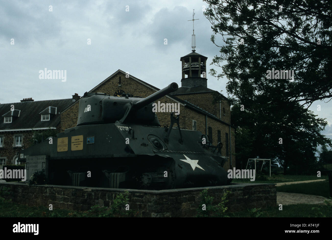 Sherman tank from the Battle of the Bulge close to the Ourthe river in the Belgian Ardennes Belgium Stock Photo
