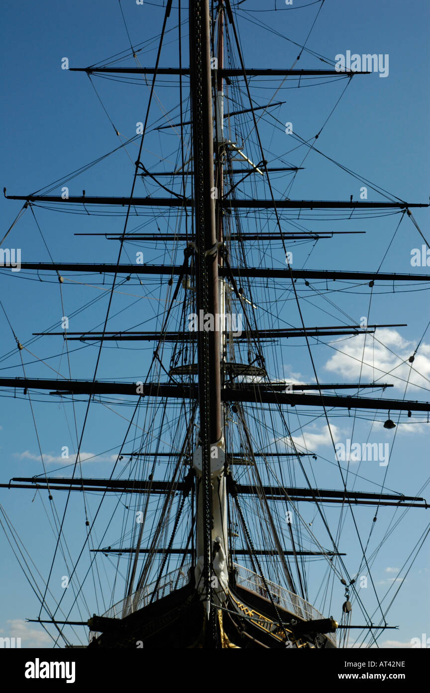 Close up side view of Cutty Sark showing masts and rigging Greenwich London England Stock Photo