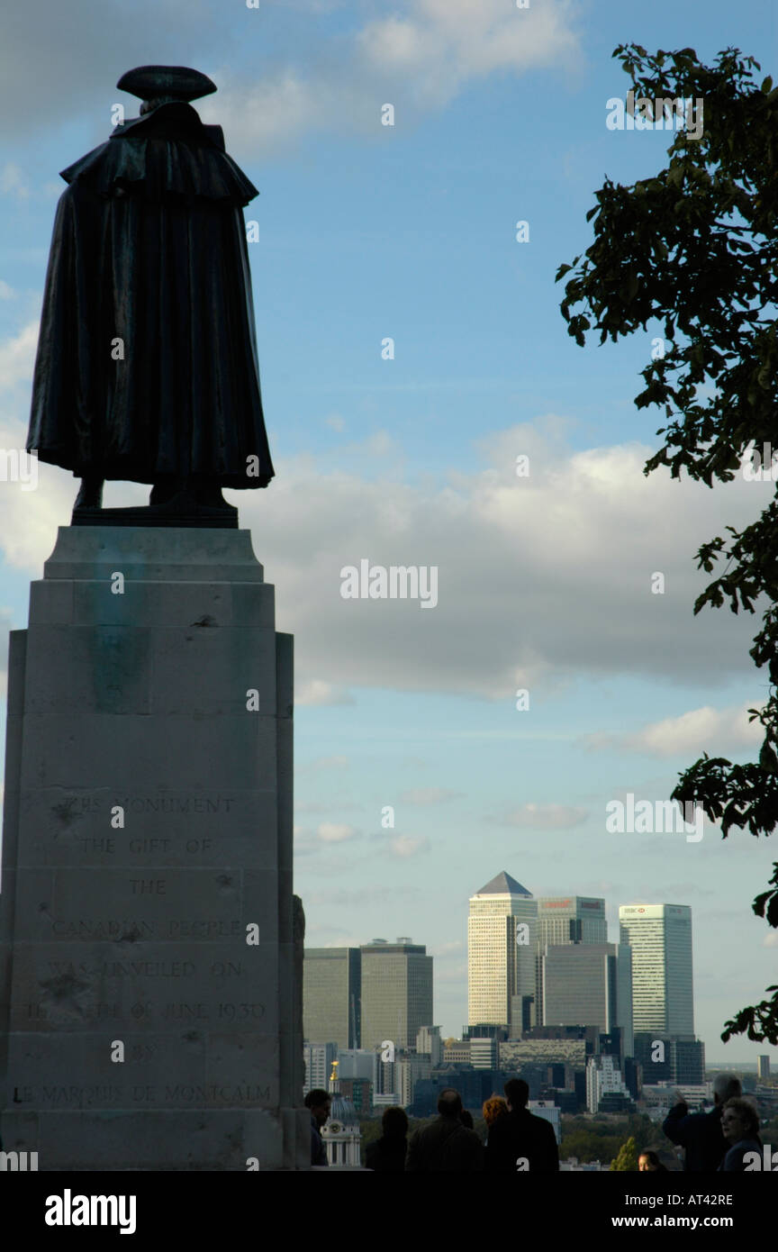 View of Docklands and Canary Wharf from Greenwich Park with Statue of