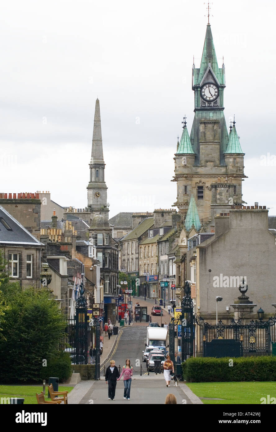 Dunfermline city centre from Pittencrieff Park. Distinctive clock tower