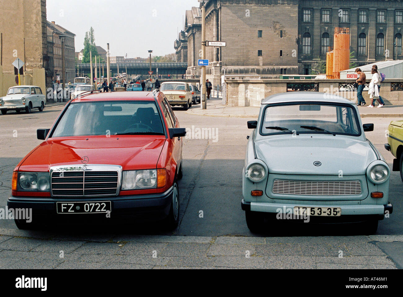 A West German Mercedes parked next to an East German Trabant. The Fall of the Berlin wall, 1989. Stock Photo