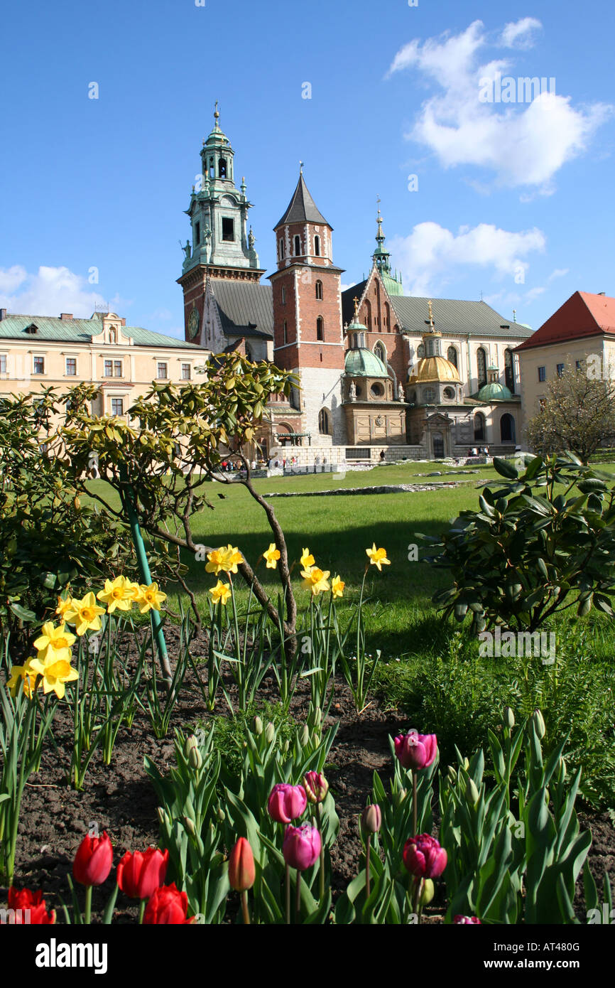 Medieval history memorial Wawel Castle in blooming flowers Krakow