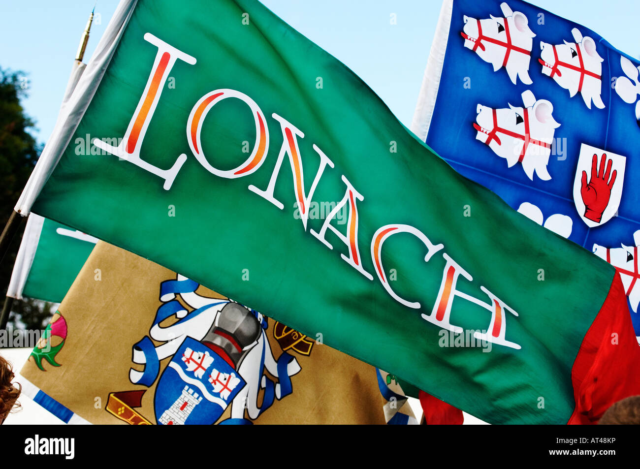 Flag and armorial banners of the Lonach Highlanders. Lonach Gathering and Highland Games at Strathdon, Grampian Region, Scotland Stock Photo