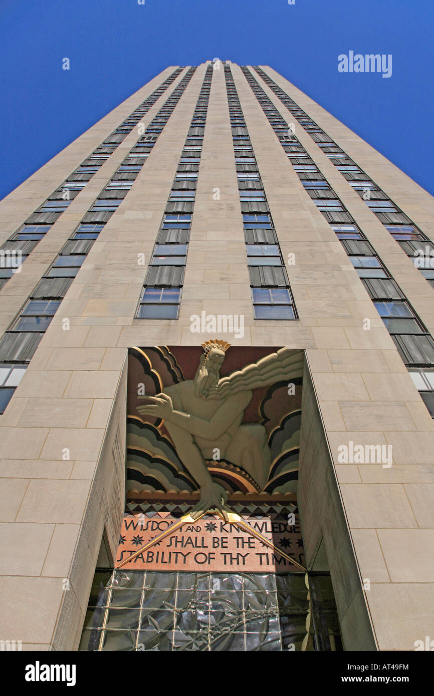 LEE LAWRIE S WISDOM LIGHT and SOUND sculpture atop the entrance to 30 ROCKEFELLER CENTER NEW YORK CITY Stock Photo
