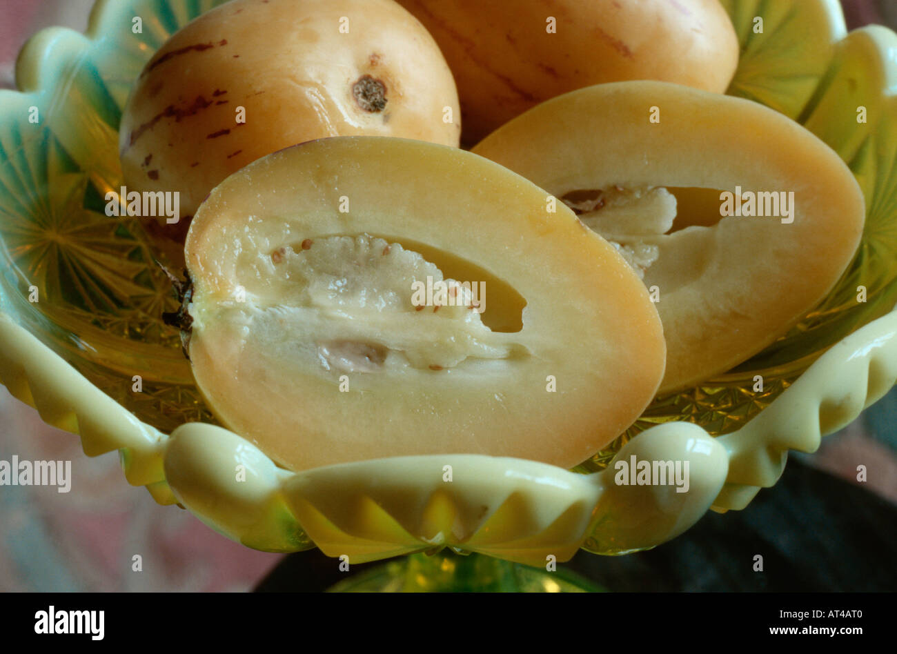 Pepino, Melon pear (Solanum muricatum), fruit, opened Stock Photo