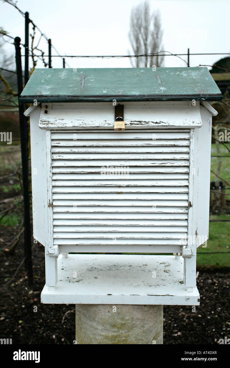 Outdoor white wooden weather station Stock Photo - Alamy