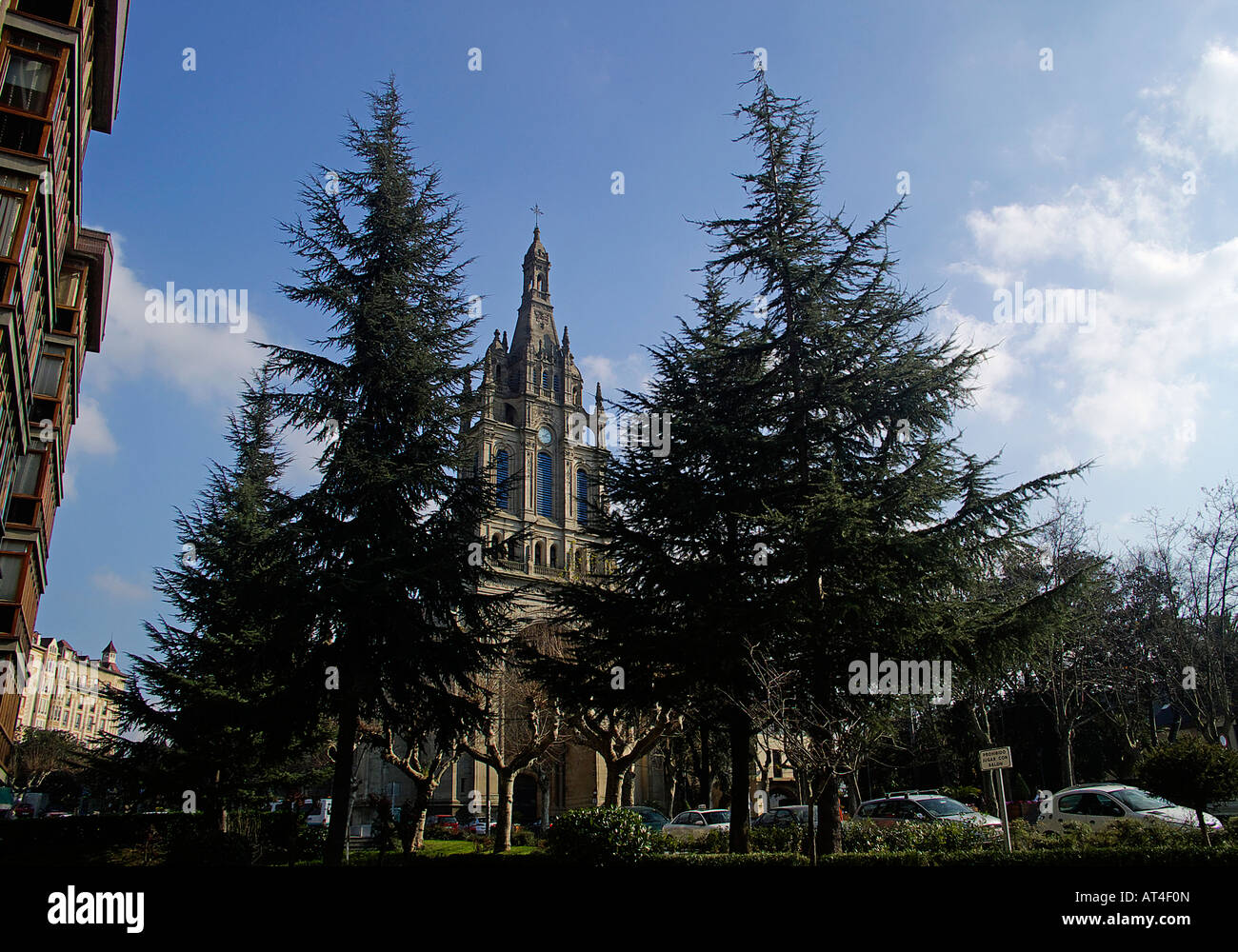 view of the main facade and of the steeple of the begoña basilica Stock Photo