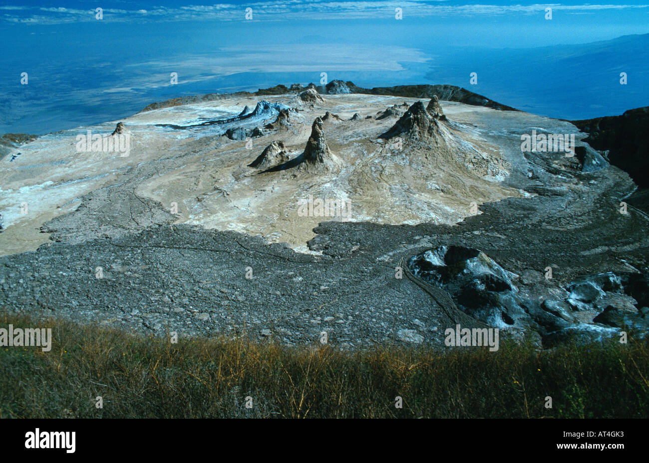 volcano Oldoinyo Lengai, view of the active crater with thy typical cones, Tanzania, Rift Valley Stock Photo