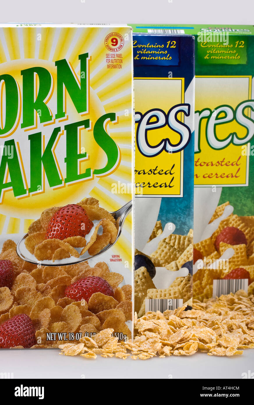 Closeup of breakfast cereals cereal box boxes from front photo studio